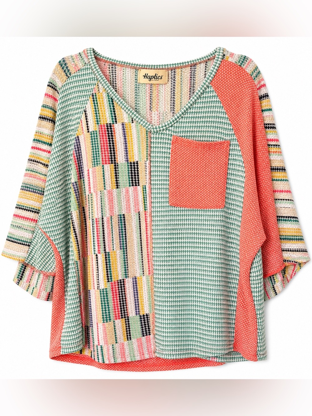 Haptics Multicolor Patchwork V-Neck Top- L